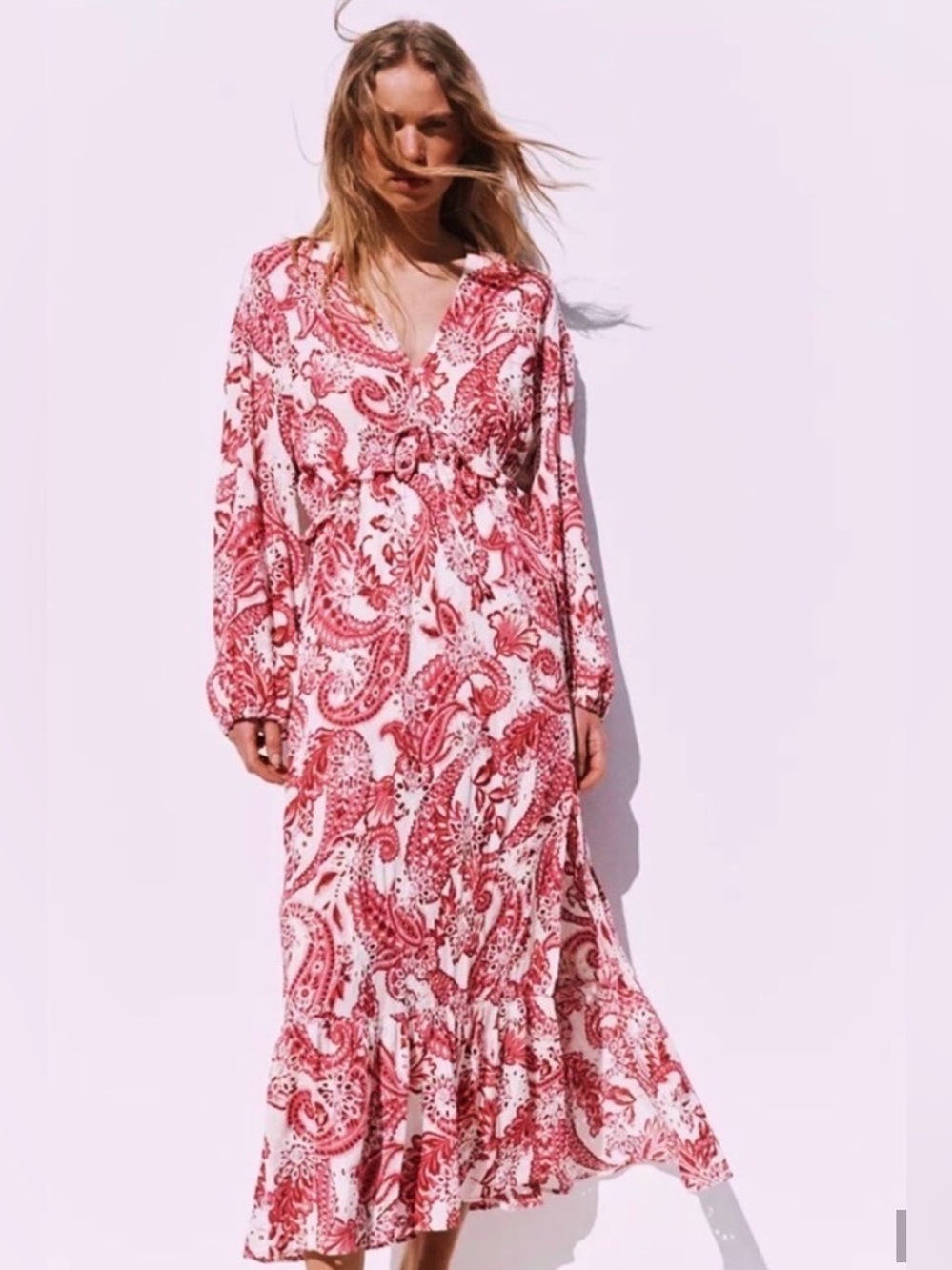 Zara Ecru somerset Red Paisley Eyelet Midi Dress Whimsigoth Coquette Boho Sz Sm